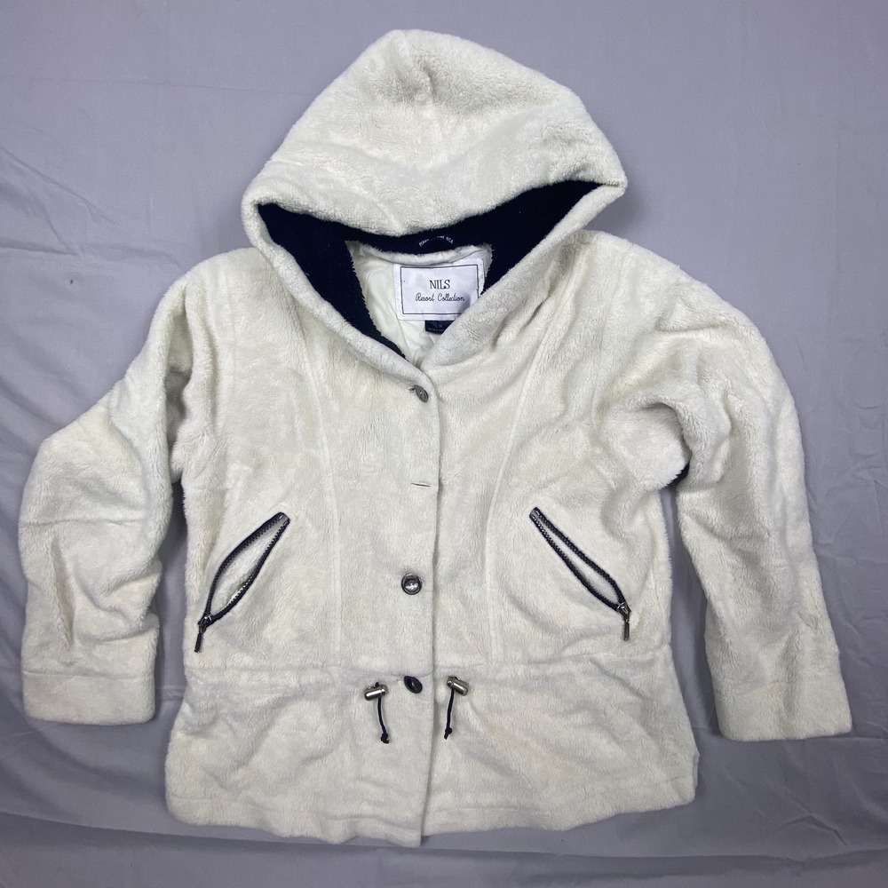 NILS Women's Hooded Toggle Fur Fleece Jacket Cream Size M Made In USA Warm